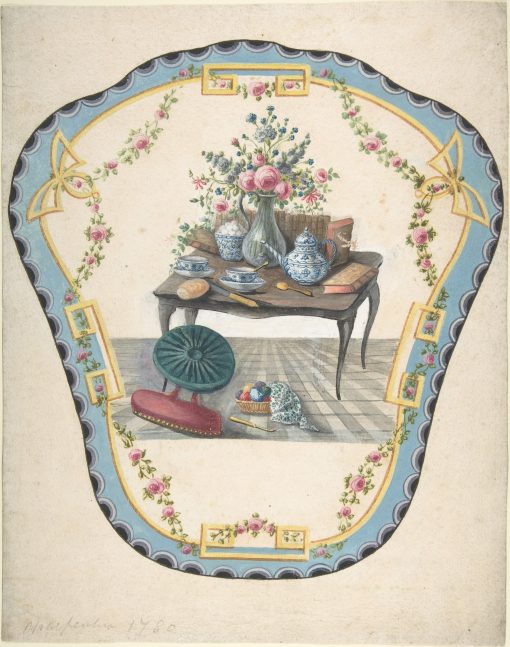 репродукция Репродукция "Дизайн каминного экрана со столом, вазой с цветами, книгами и чайником"